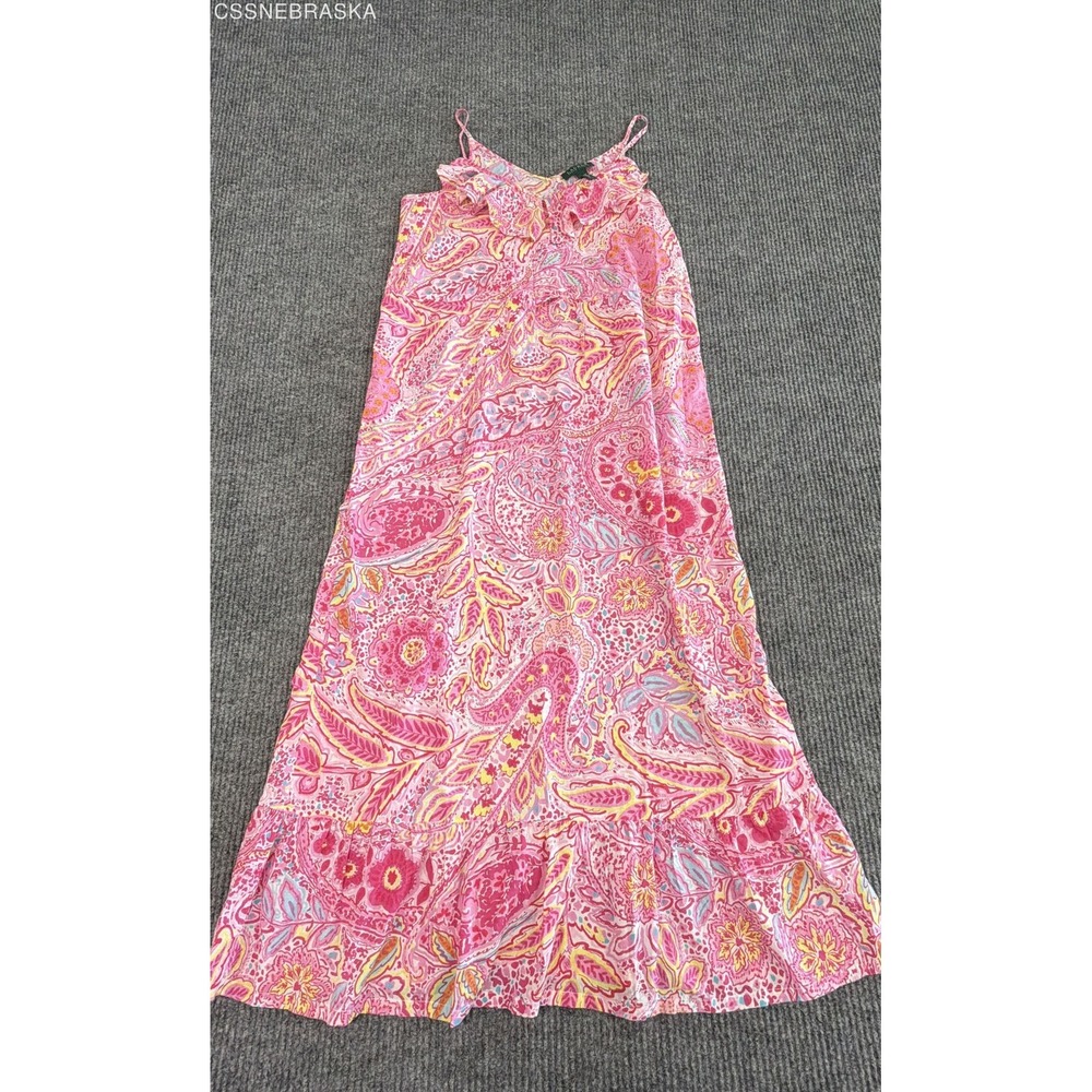 Lauren Ralph Lauren Women's Pink Paisley Cotton Ruffle Hem Sleeveless Dress Sz S